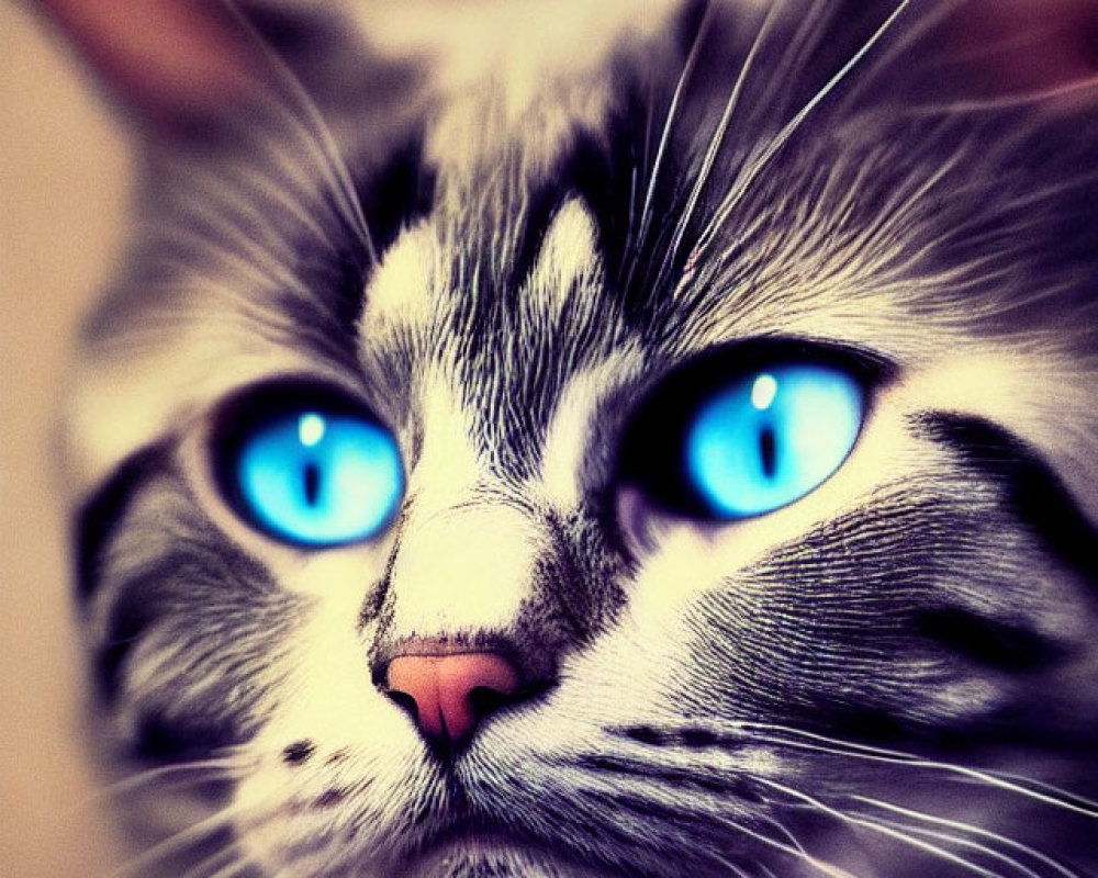 Blue-eyed cat with grey striped fur in intense close-up.