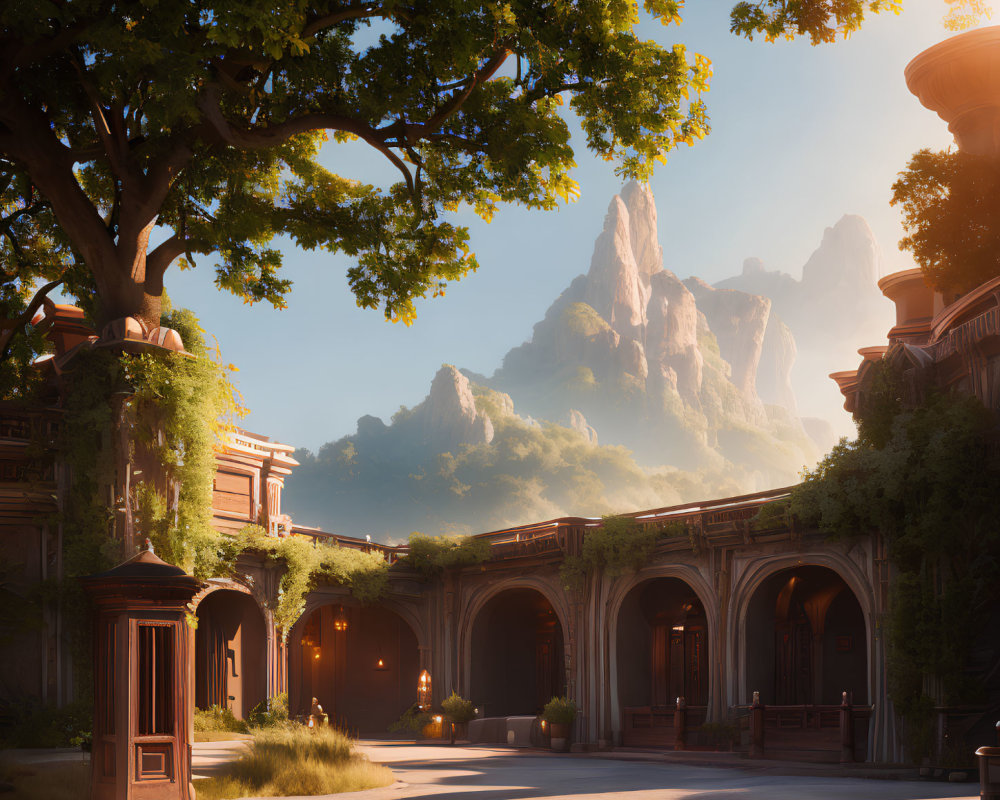 Ancient courtyard with lush trees and towering mountains under sunlight