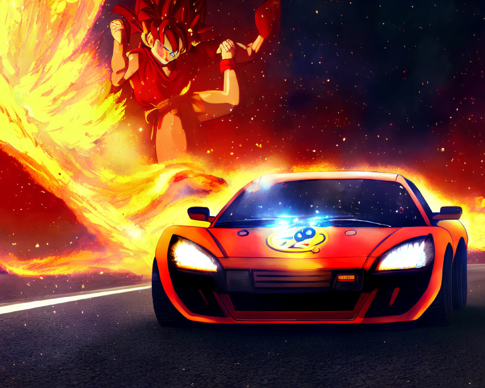 Sports Car on Road with Fiery Beast Background and Vibrant Sky