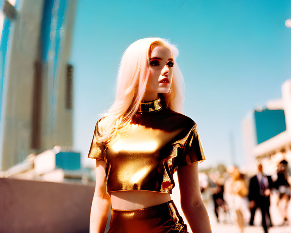 Blonde woman in golden outfit on sunny street