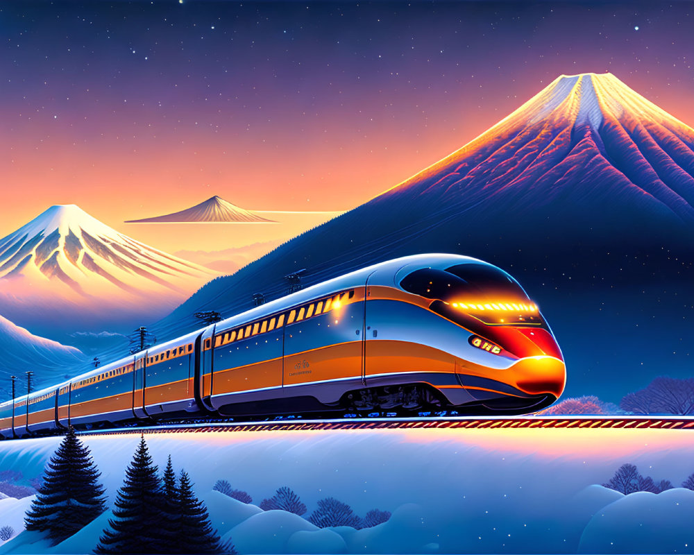 High-speed train in snowy landscape with Mount Fuji and starry sky