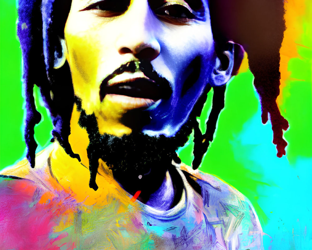 Colorful portrait of a man with dreadlocks on rainbow background