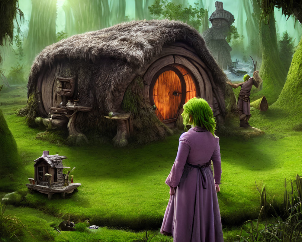 Green-haired woman in purple dress in front of whimsical forest scene with cottage and lantern statue