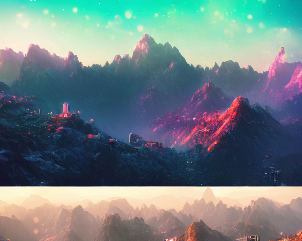 Vibrant futuristic mountain landscape at twilight
