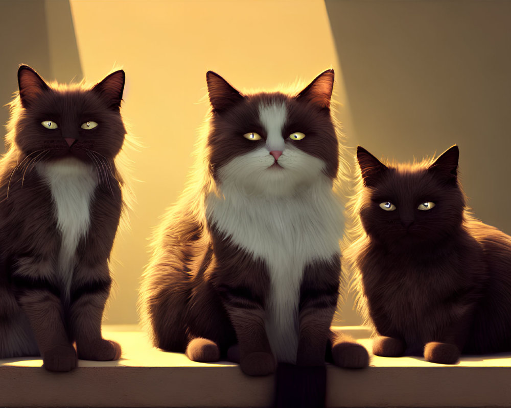 Three fluffy cats sitting side by side with intense gazes in warm lighting