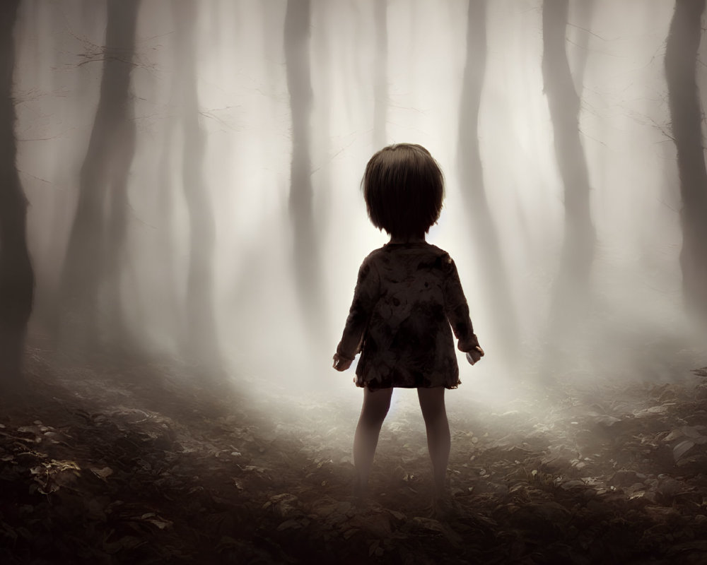 Child in foggy forest with bare trees under ethereal light.