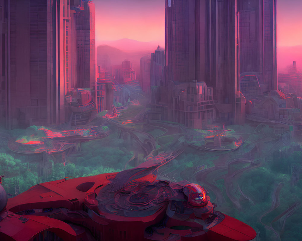 Futuristic cityscape with pink and purple haze, skyscrapers, greenery, and advanced