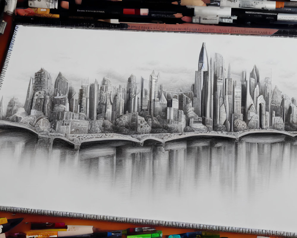 Detailed pencil sketch of futuristic cityscape with skyscrapers reflected in water on table with drawing materials.