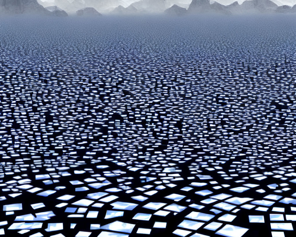 Checkerboard Ground Transitions to Misty Mountains in Surreal Landscape