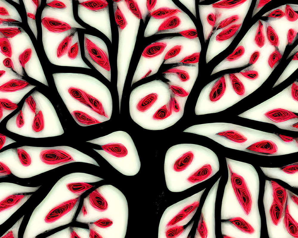 Abstract Red and White Leaf Patterns on Black Background
