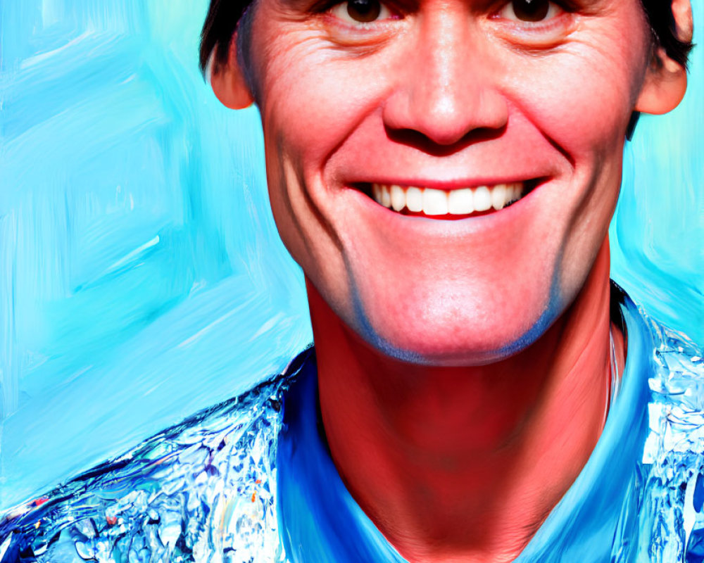 Stylized portrait of a smiling man with prominent cheekbones in blue shirt against textured background