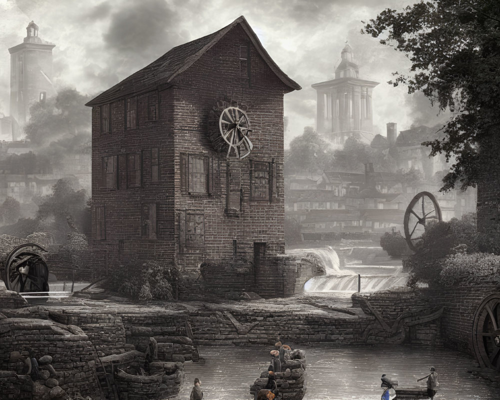 Historical watermill scene with workers and foggy architecture