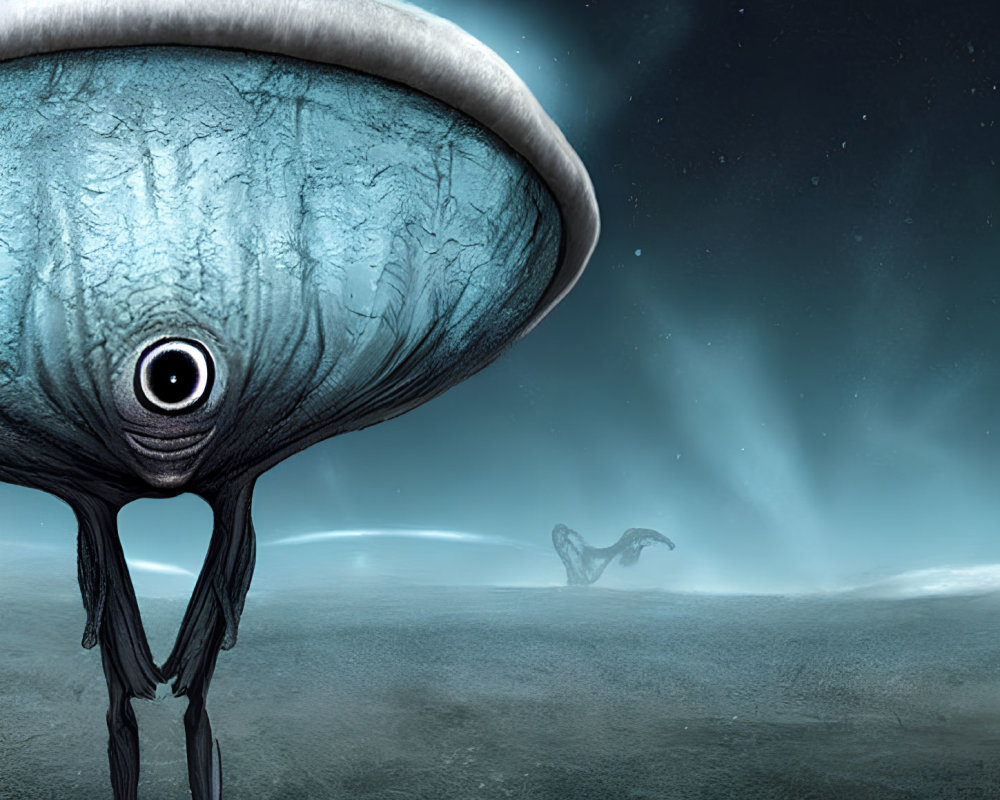 Surreal alien landscape with large one-eyed creature and mushroom cap