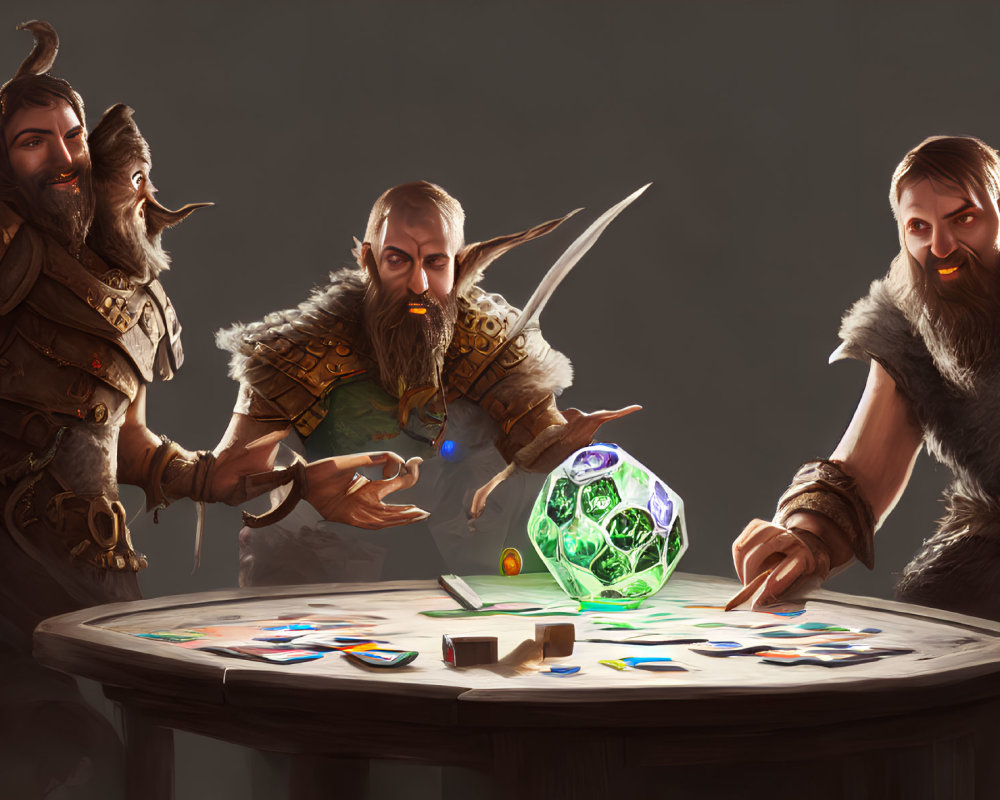 Three dwarf-like animated characters playing board game with magical artifact