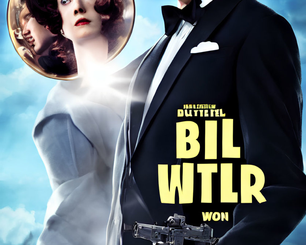 Stylized poster with man in tuxedo holding pistol and woman's face inset