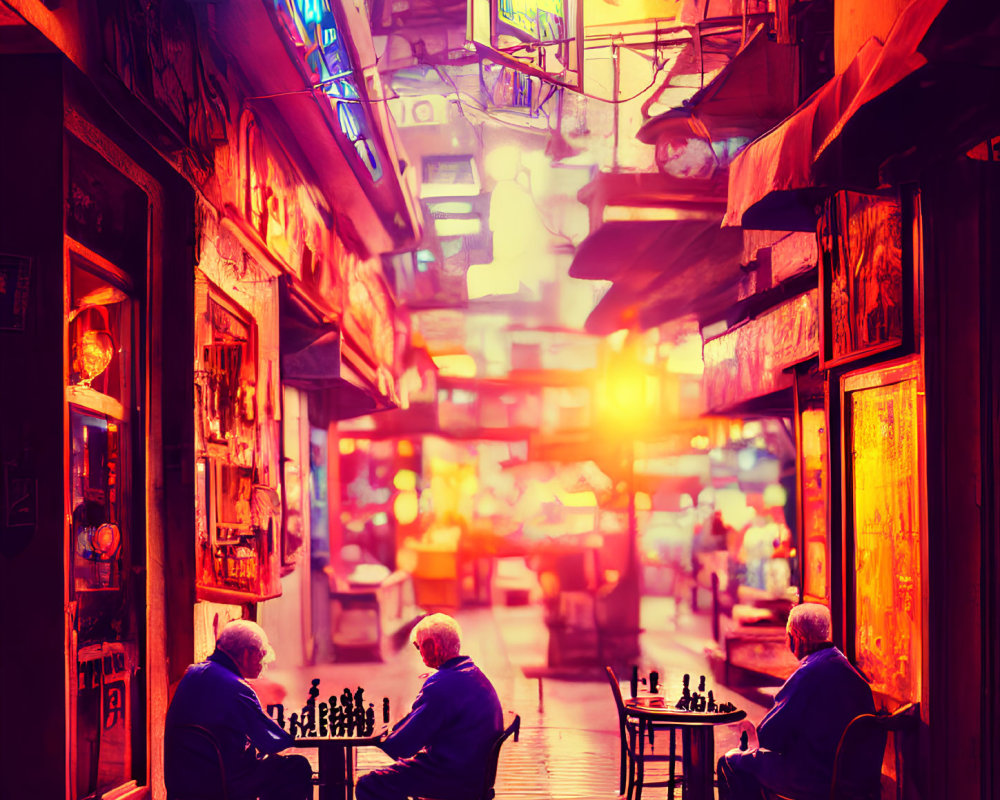 Two people playing chess in neon-lit alleyway at dusk