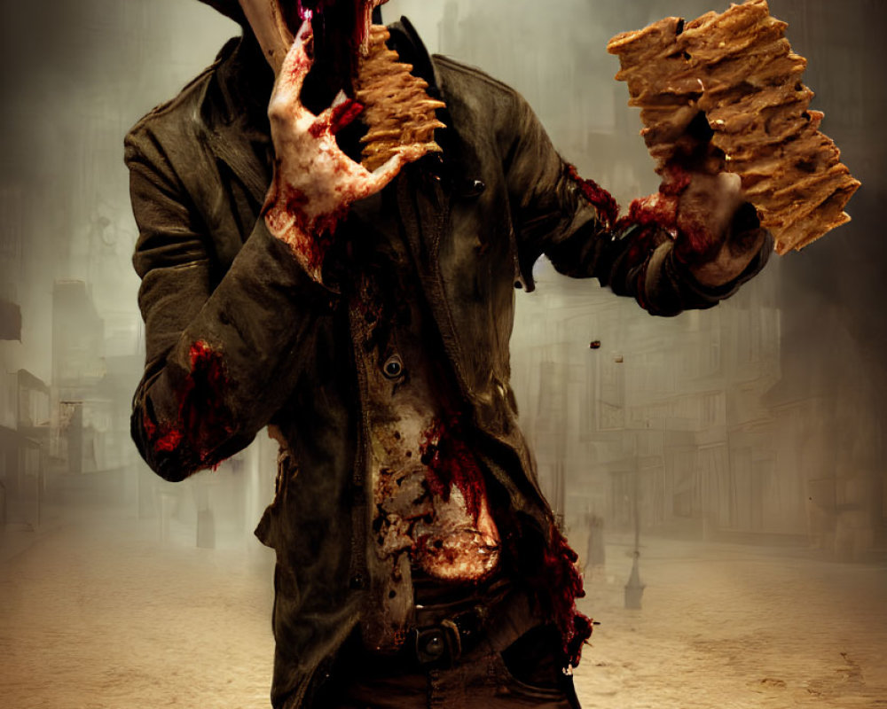 Bloodied zombie with waffle and purple-toothed dog in foggy street