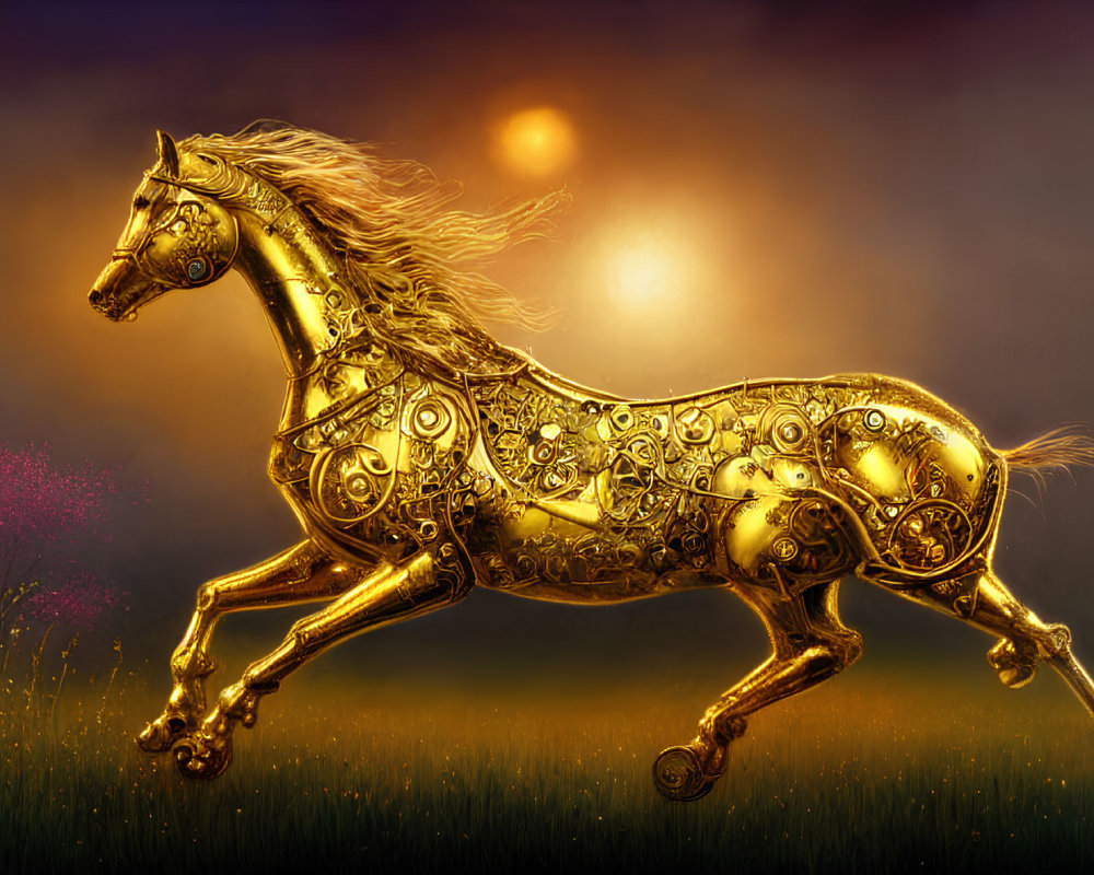 Intricate golden mechanical horse galloping at sunset