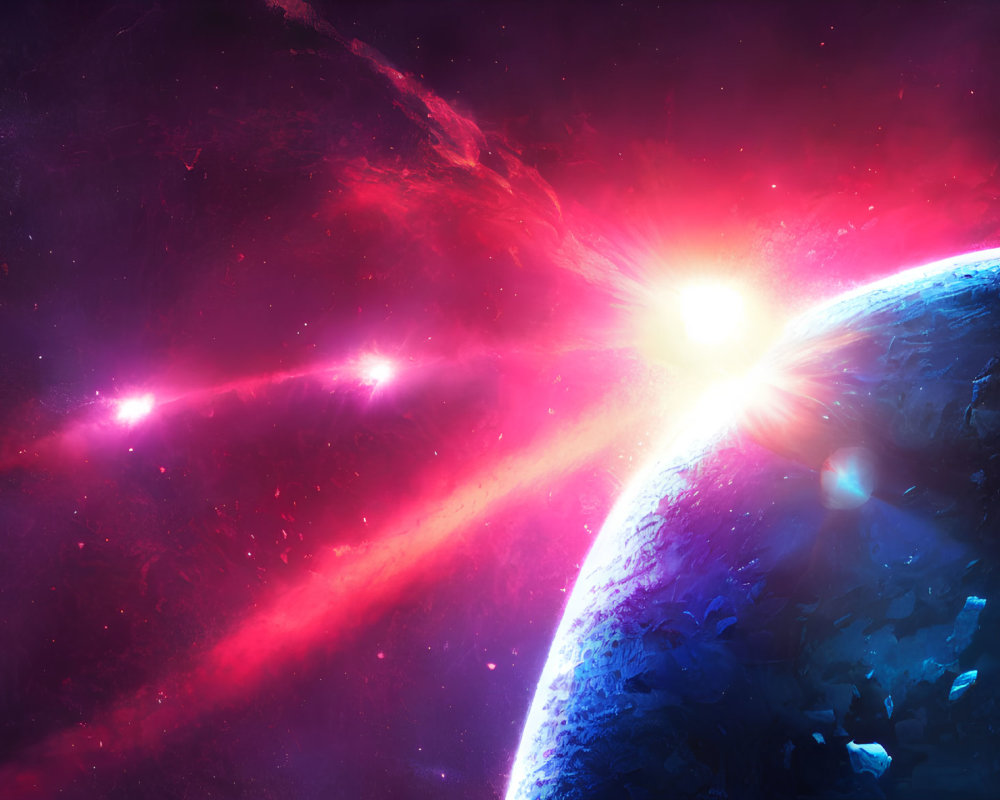 Colorful space scene with radiant star, vivid nebula, and dark planet