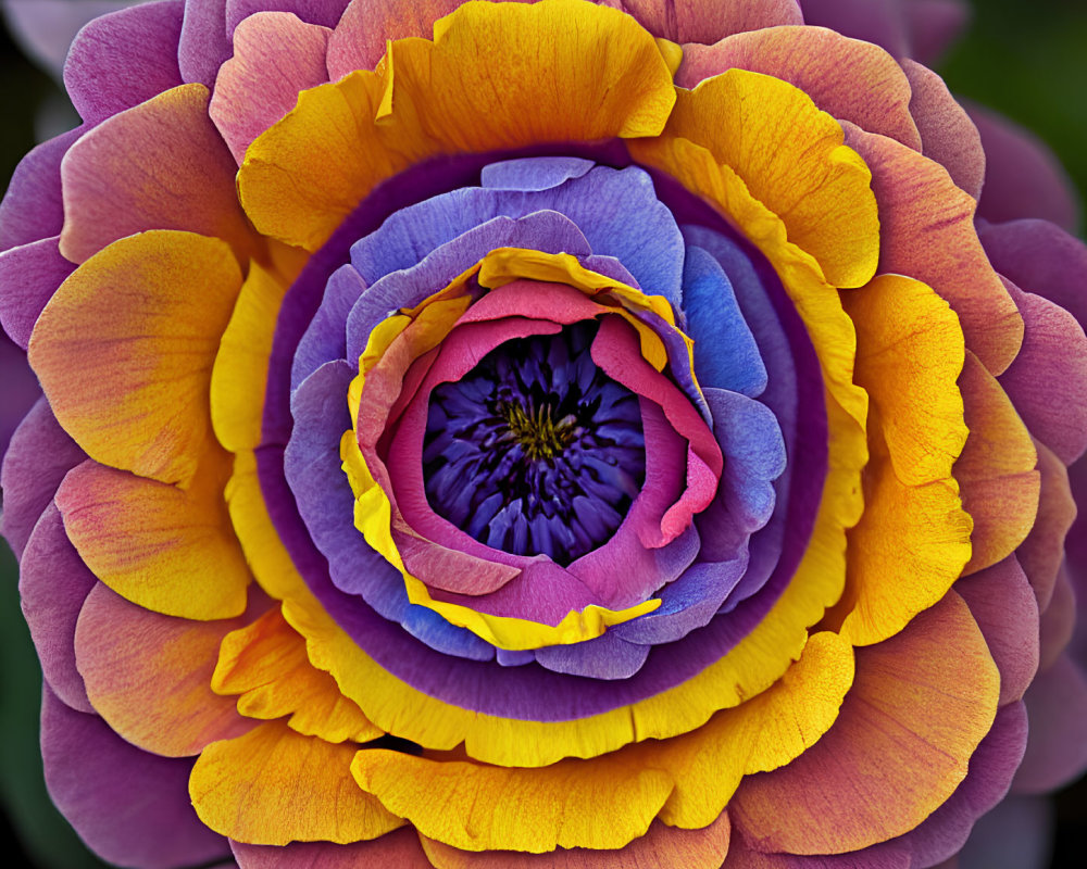 Vibrant ranunculus flower with purple, yellow, and orange petals in close-up