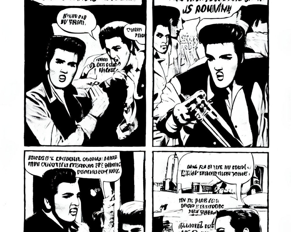 Stylized Elvis Presley in dynamic poses with speech bubbles.