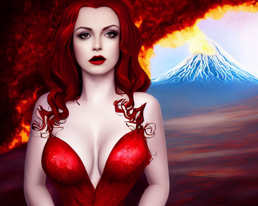 Digital artwork: Woman with red hair and dress against volcanic eruption backdrop