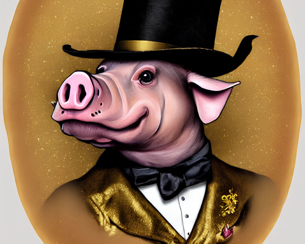 Illustration of pig in black top hat, bow tie, gold jacket with red flower