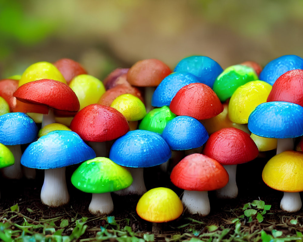 Vibrant candy and clay mushrooms on mossy background