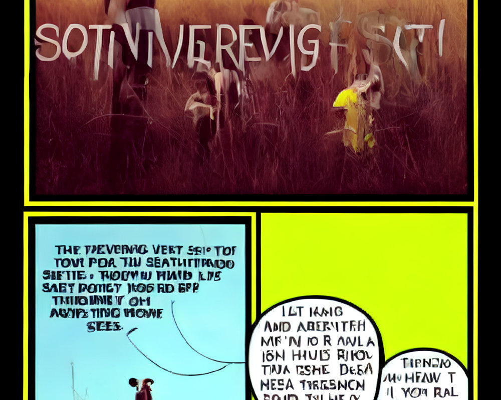Split-panel graphic: Person running in field at sunset & close-up of comic speech bubble