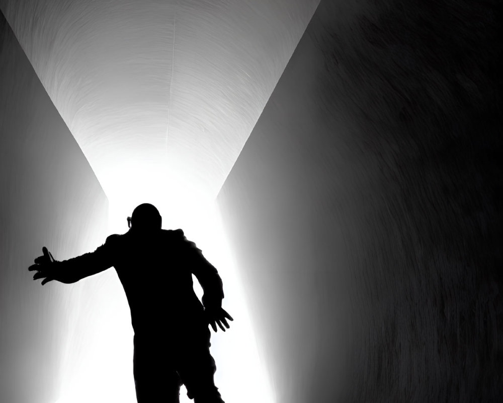 Person's silhouette with outstretched arms in tunnel-like corridor.