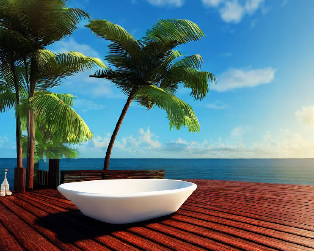 Oceanfront Bathtub on Wooden Deck with Palm Trees