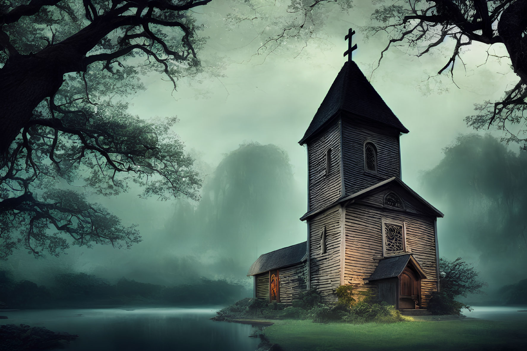 Misty lake twilight scene with old wooden church and eerie trees