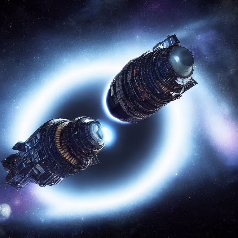 Futuristic spacecraft with glowing engines in space with stars and nebula