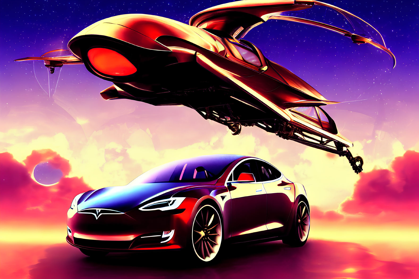 Futuristic red spaceship and Tesla car under vibrant sky
