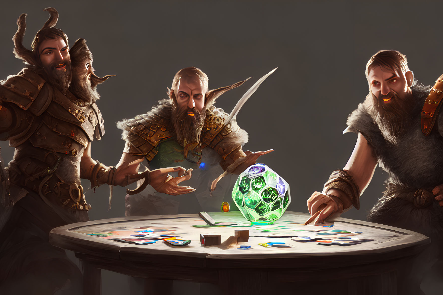 Three dwarf-like animated characters playing board game with magical artifact