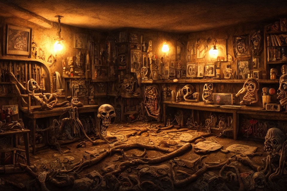 Mystical symbols, skulls, bones, books, and a snake in dimly lit room