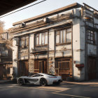 Futuristic sports car parked by dilapidated building and bridge in soft sunlight