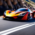 Orange Sports Car Speeding on Mountain Road with Black Accents