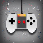 White Video Game Controller with Red Buttons Splattered in Colorful Paint on Gray Background