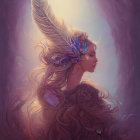 Digital artwork of woman with flowing hair and feathered headdress.