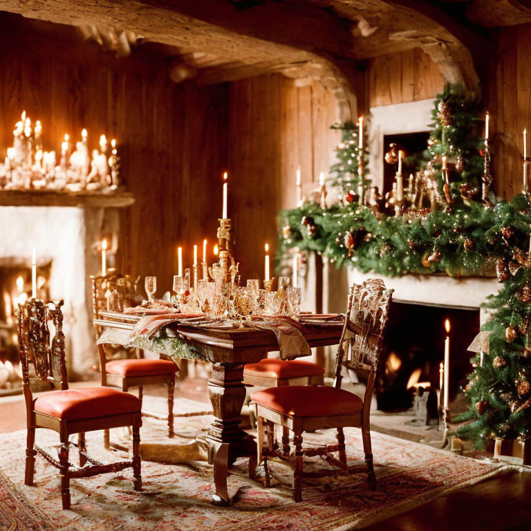 Festively decorated Christmas dining room with fireplace & tree