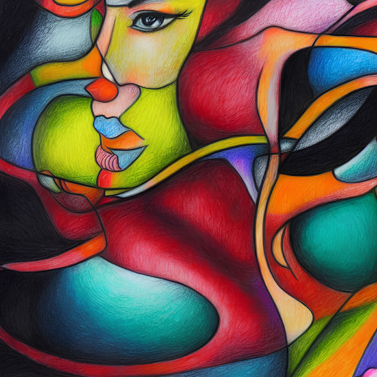 Vibrant abstract art with interlocking shapes and expressive face.