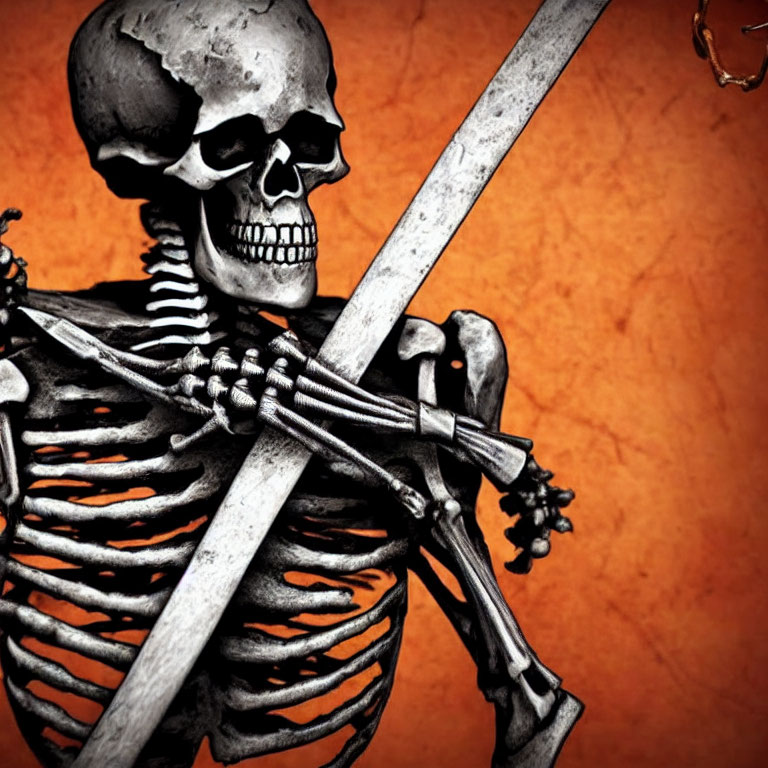 Skeletal Figure with Sword on Orange Background for Halloween Theme