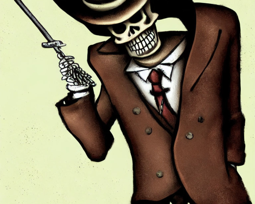 Skeleton in Suit and Hat Wielding Sword: Spooky Dapper Illustration