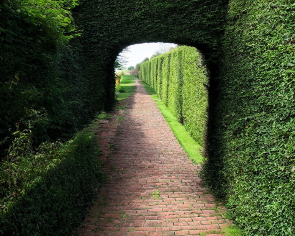Brick pathway through archway in lush garden
