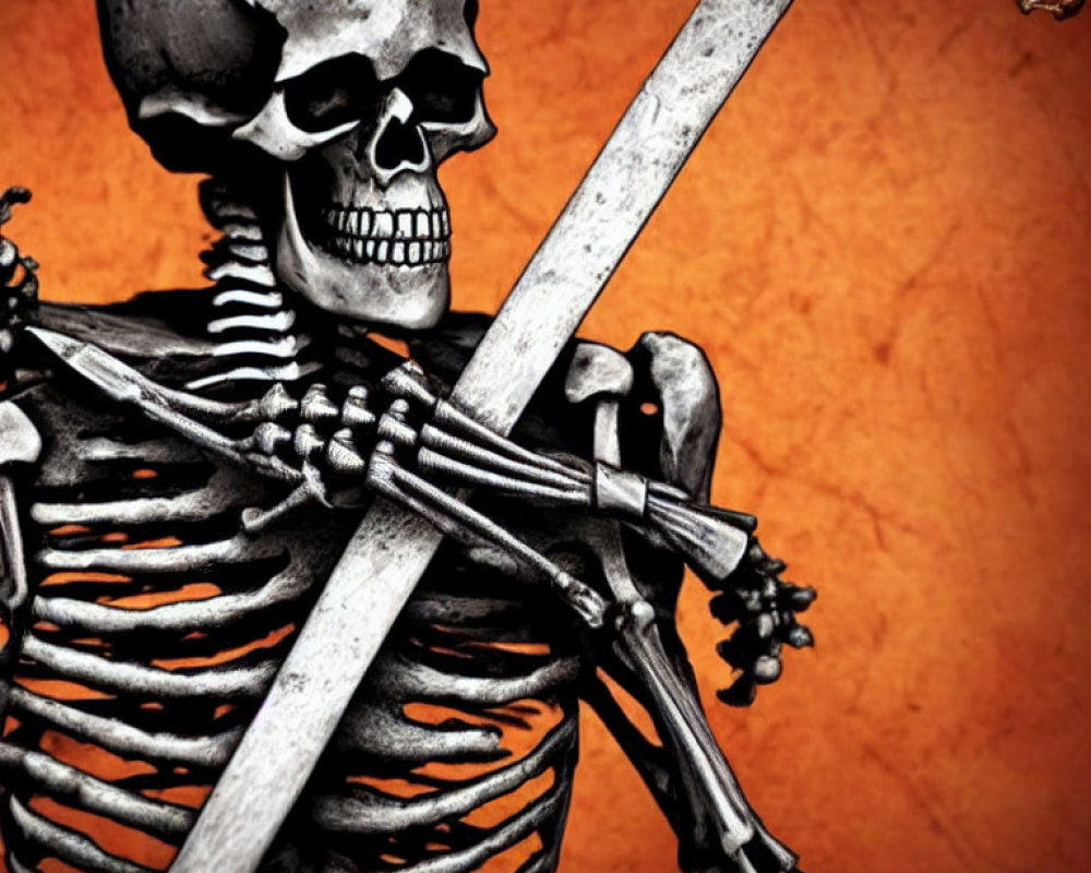 Skeletal Figure with Sword on Orange Background for Halloween Theme