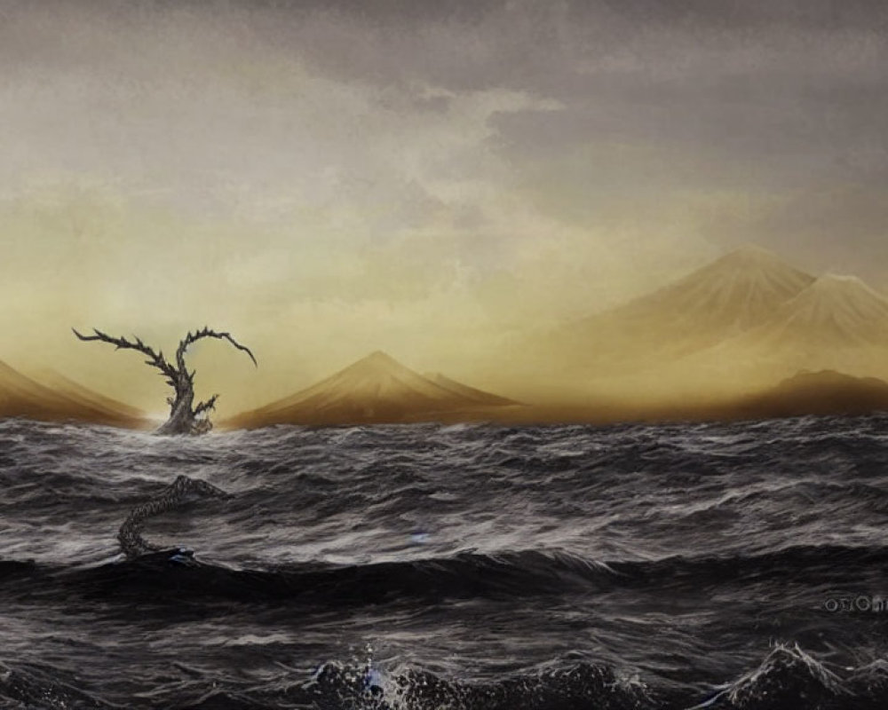 Dark waves under somber sky with twisted tree and distant mountains