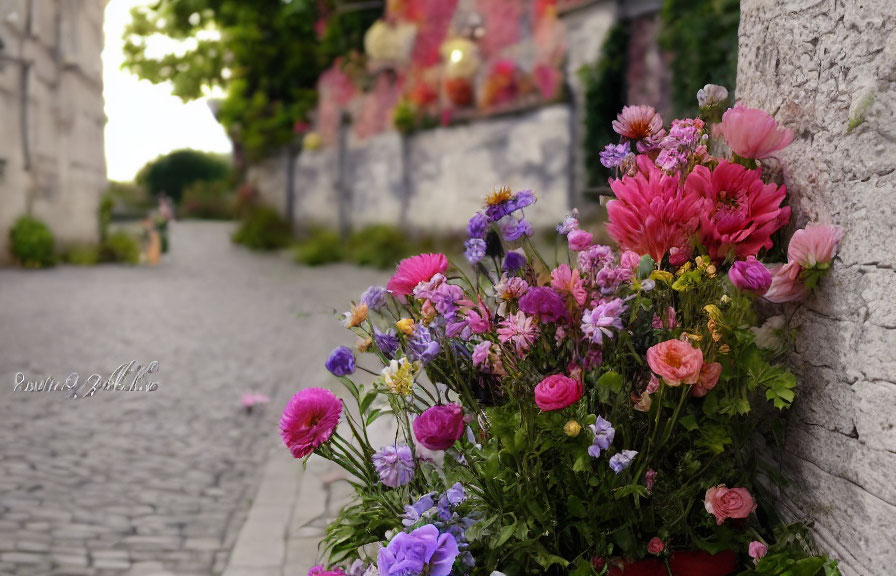 Colorful Flowers Blooming on Cobblestone Street