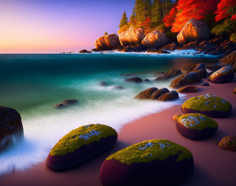 Tranquil Sunset Beach Scene with Moss-Covered Rocks and Autumn Trees