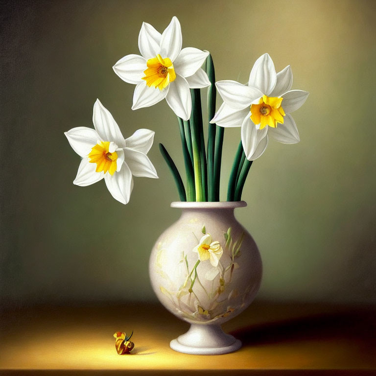 Realistic painting of five white daffodils in ornate vase